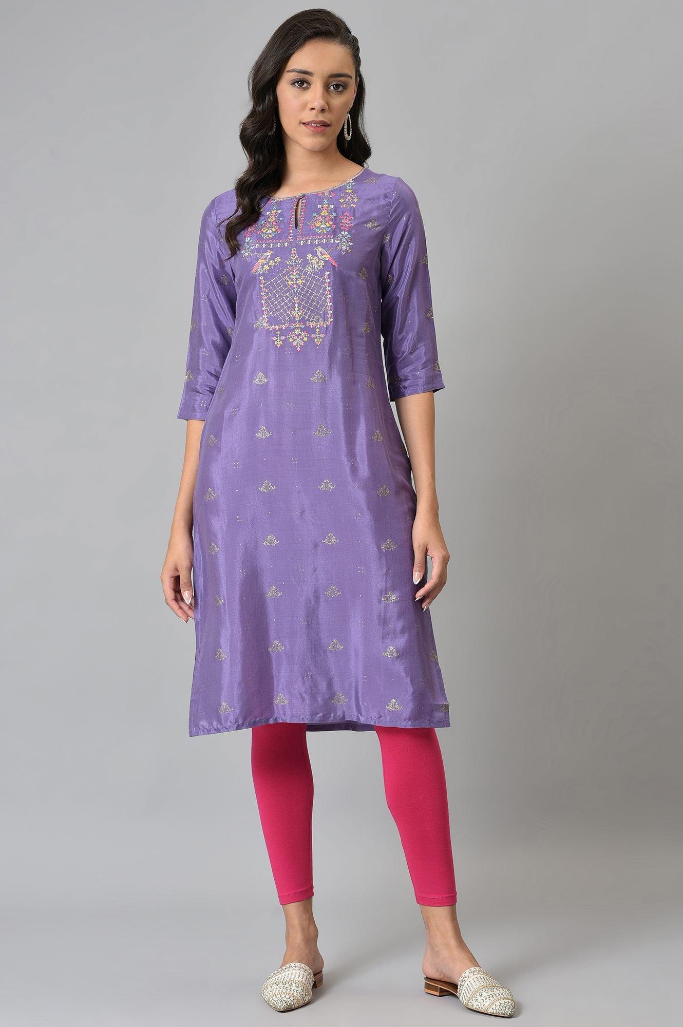 Purple Glitter Print kurta With Embroidery - wforwoman