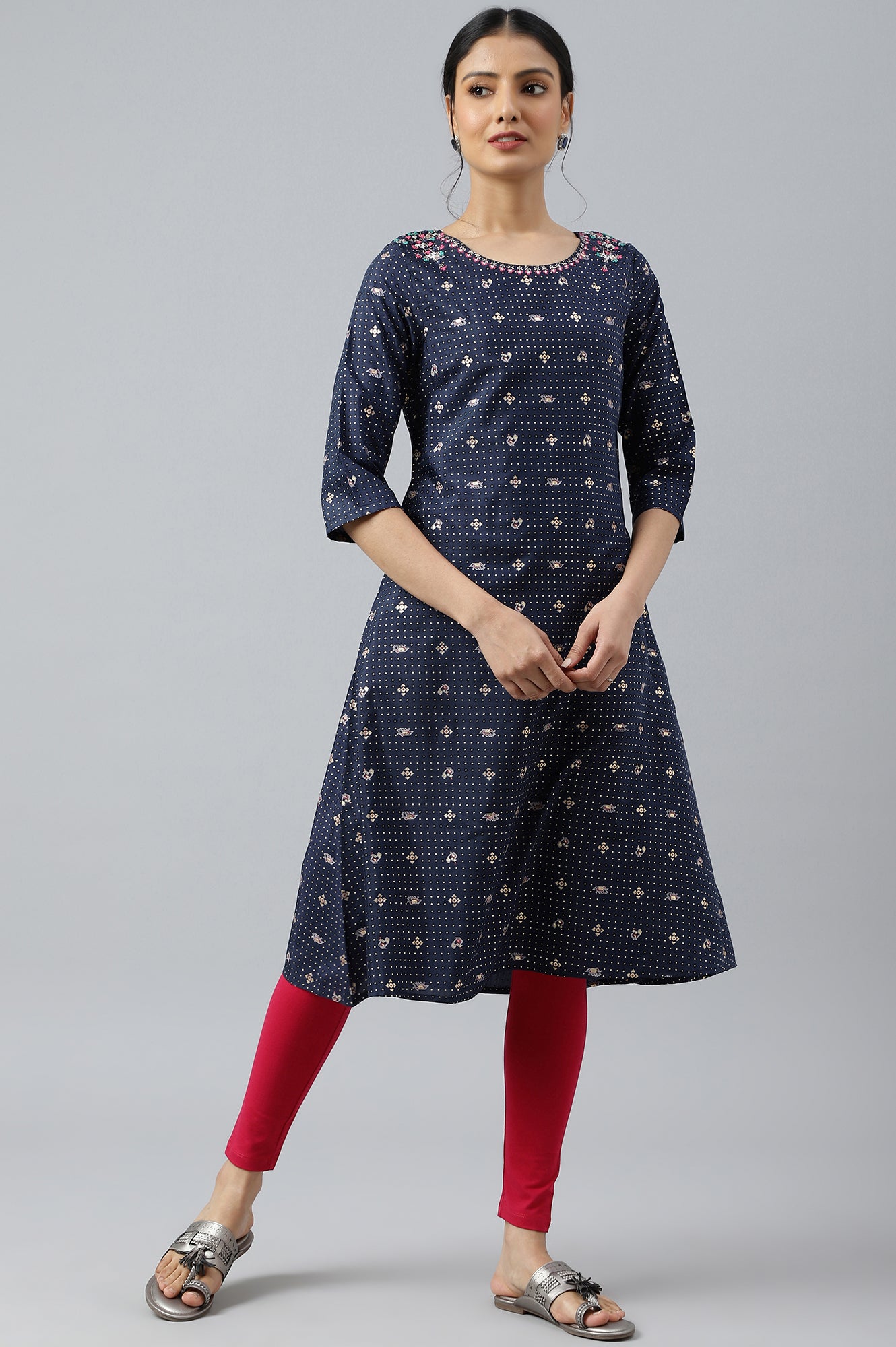 Navy Blue Printed A-line Kurta with Embroidery - wforwoman