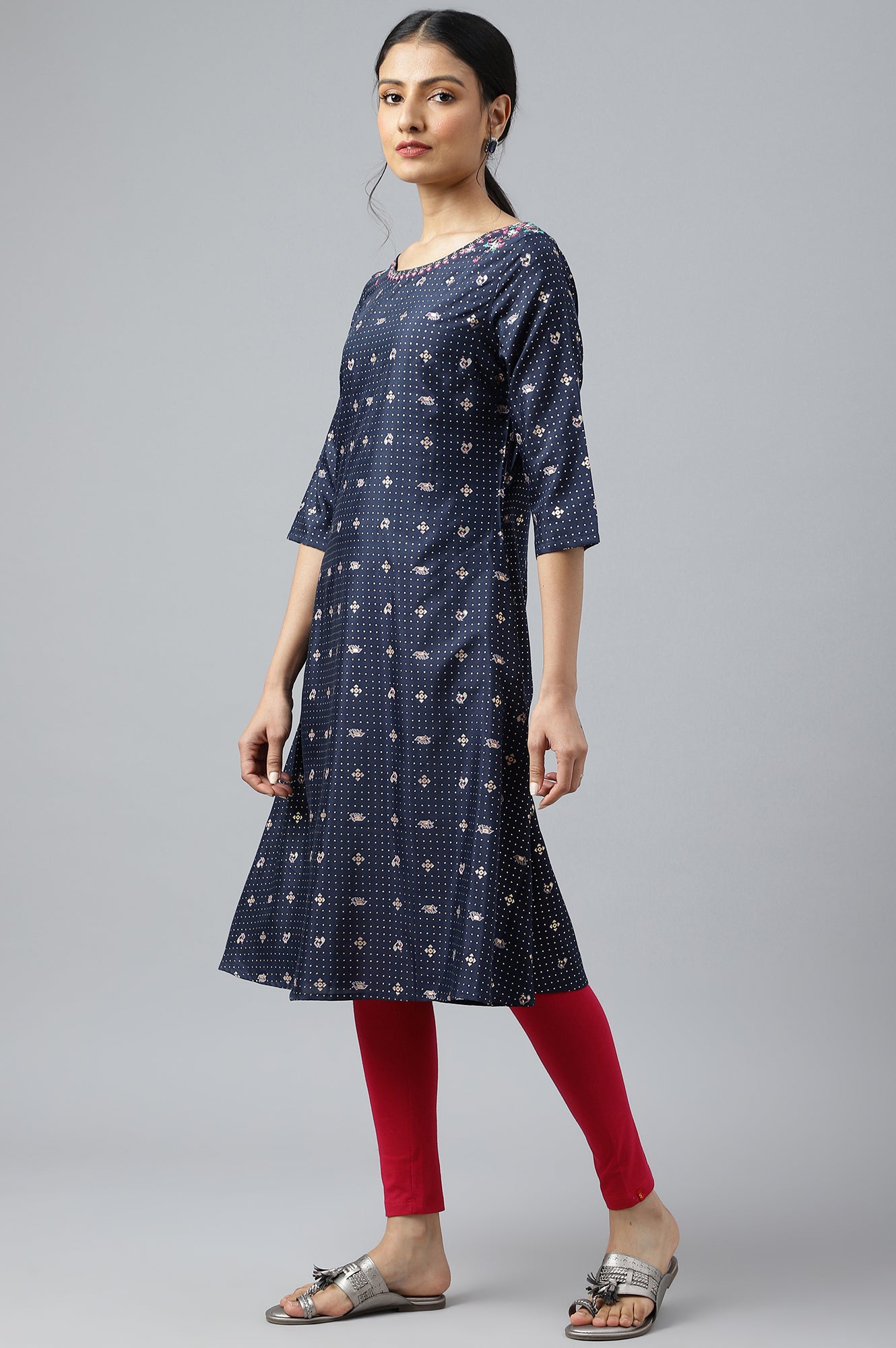 Navy Blue Printed A-line Kurta with Embroidery - wforwoman