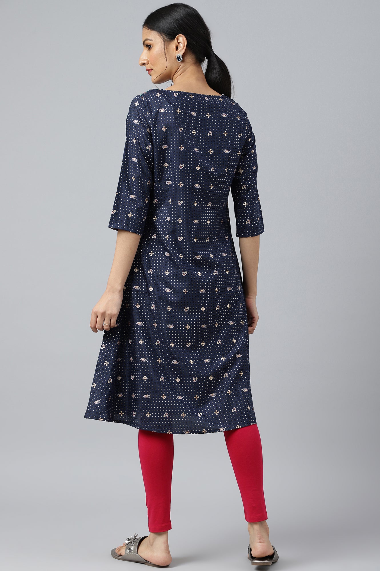 Navy Blue Printed A-line Kurta with Embroidery - wforwoman