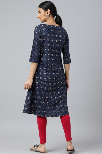 Navy Blue Printed A-Line kurta With Embroidery