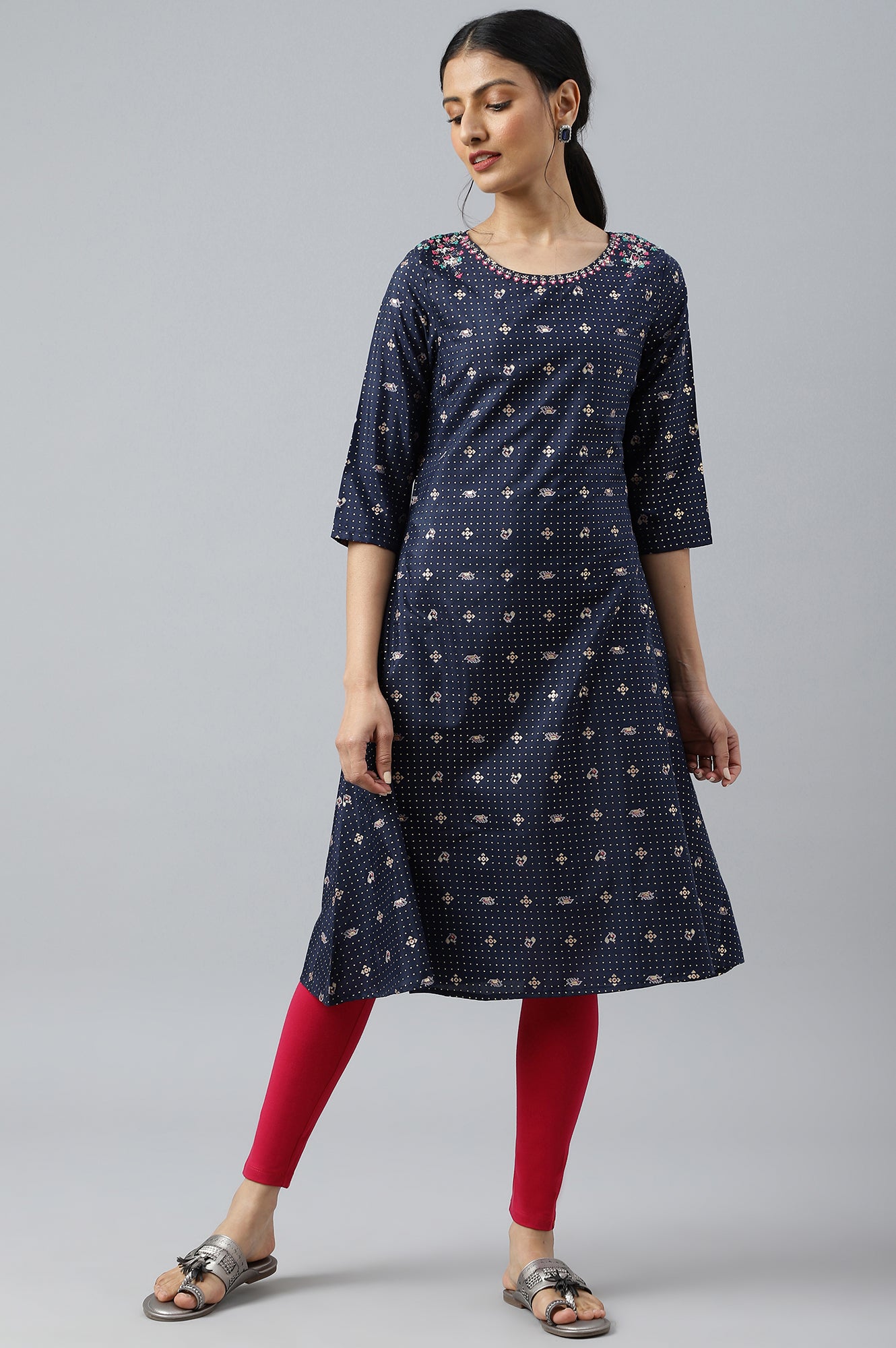 Navy Blue Printed A-line Kurta with Embroidery - wforwoman