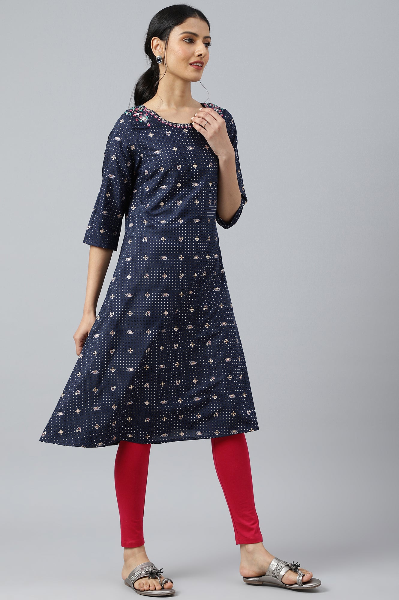 Navy Blue Printed A-line Kurta with Embroidery - wforwoman