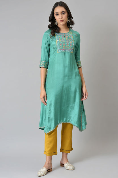 Marine Green Embroidered and Mirror work Kurta - wforwoman