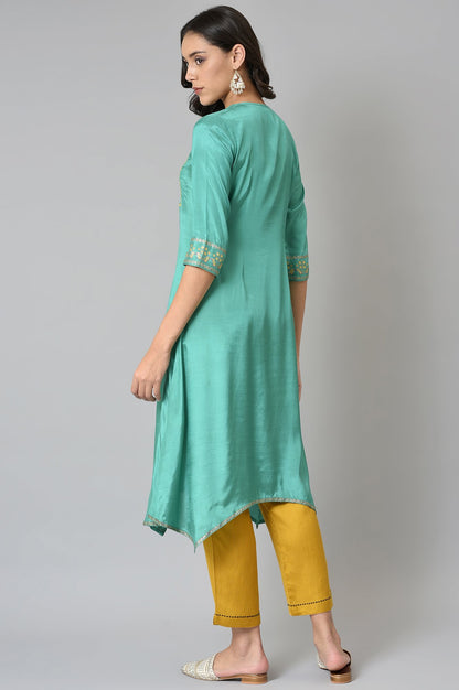 Marine Green Embroidered and Mirror work Kurta - wforwoman