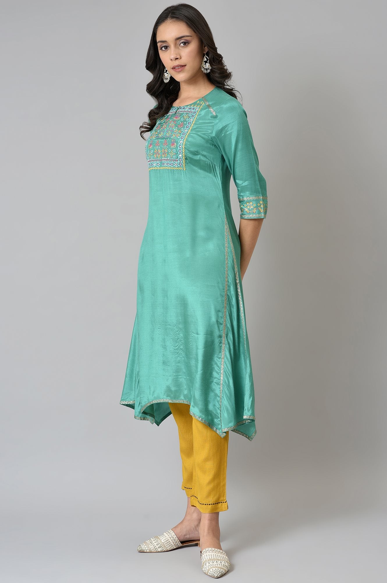 Marine Green Embroidered and Mirror work Kurta - wforwoman