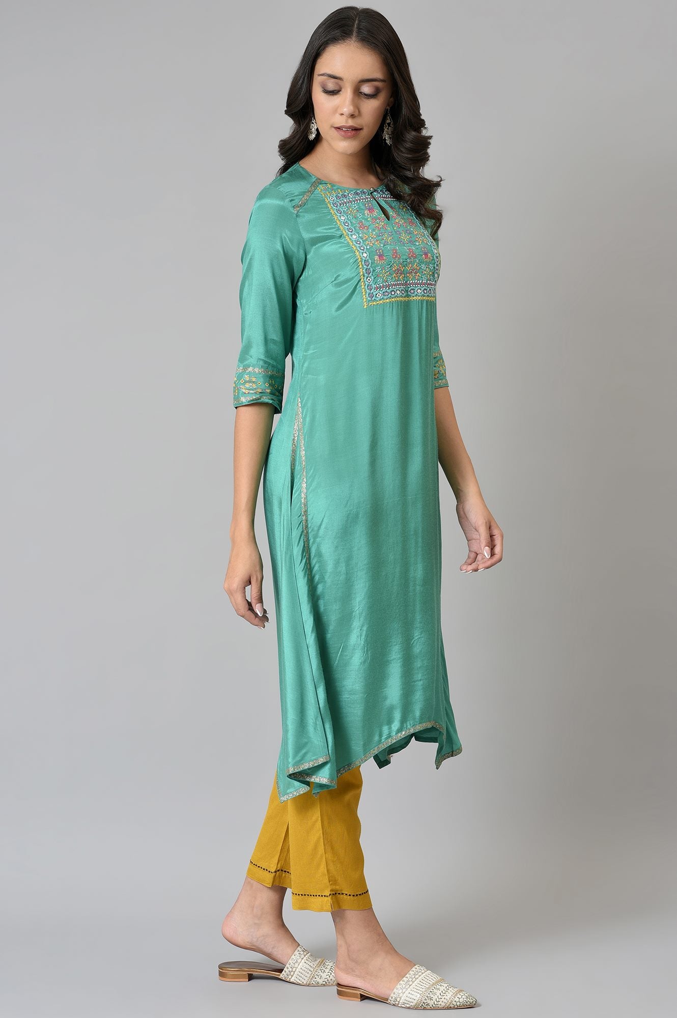 Marine Green Embroidered and Mirror work Kurta - wforwoman