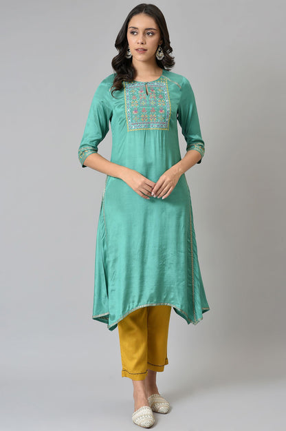 Marine Green Embroidered and Mirror work Kurta - wforwoman