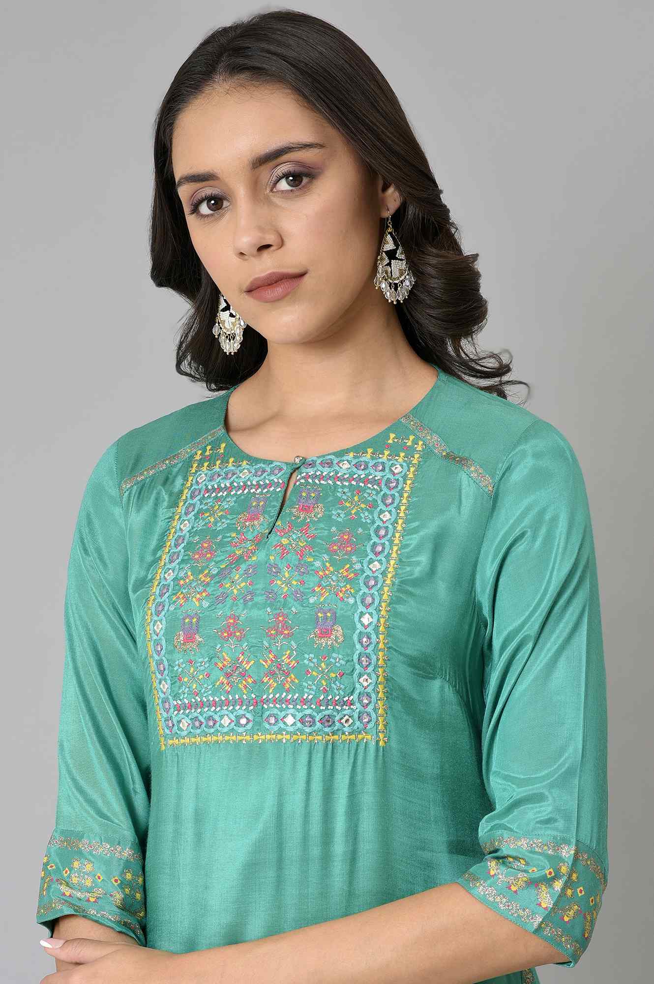 Marine Green Embroidered and Mirror work Kurta - wforwoman