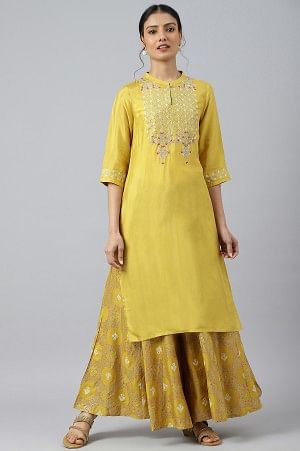 Yellow Embroidered With Sequin Work kurta And Glitter Printed Festive Culottes Set