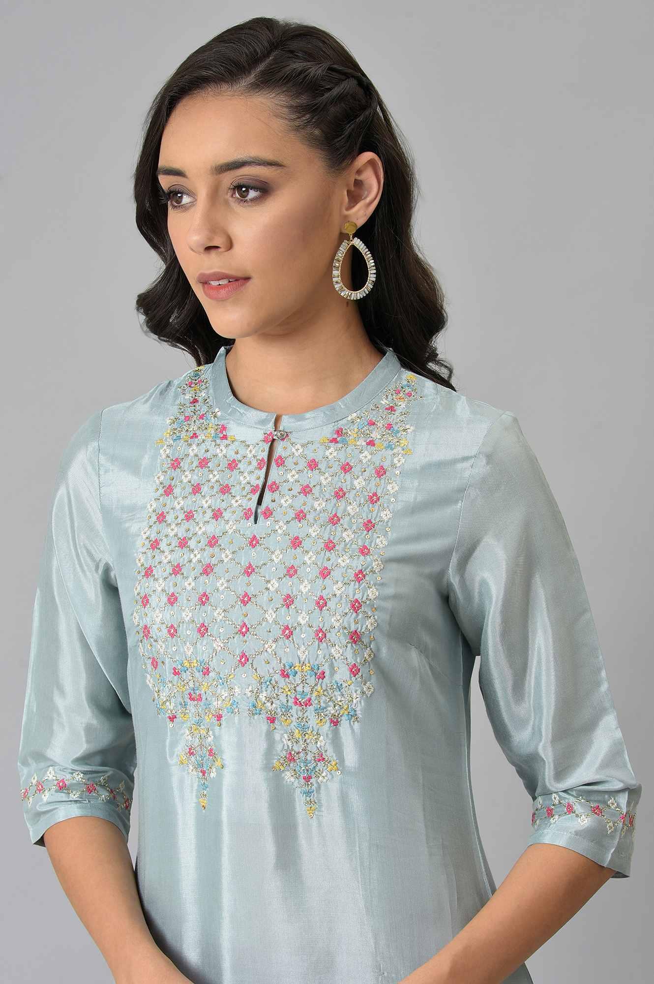 Light Blue Embroidered kurta In Mandarin Collar - wforwoman