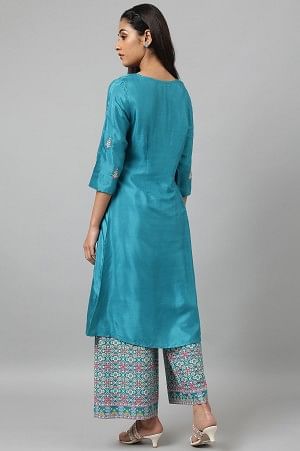 Teal Embroidered Front Slit kurta with Printed Parallel Pants