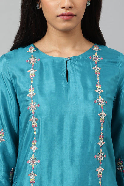Teal Embroidered kurta With Front Slit - wforwoman