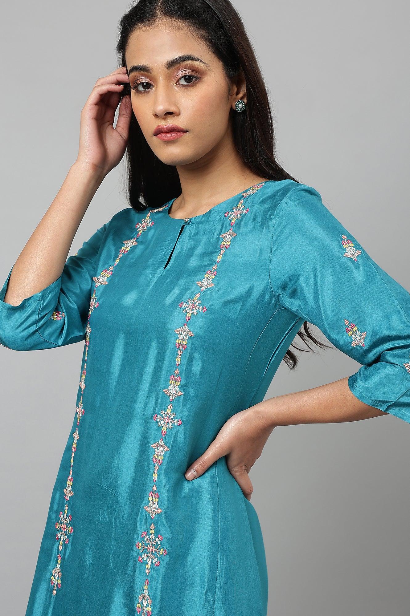 Teal Embroidered kurta With Front Slit - wforwoman
