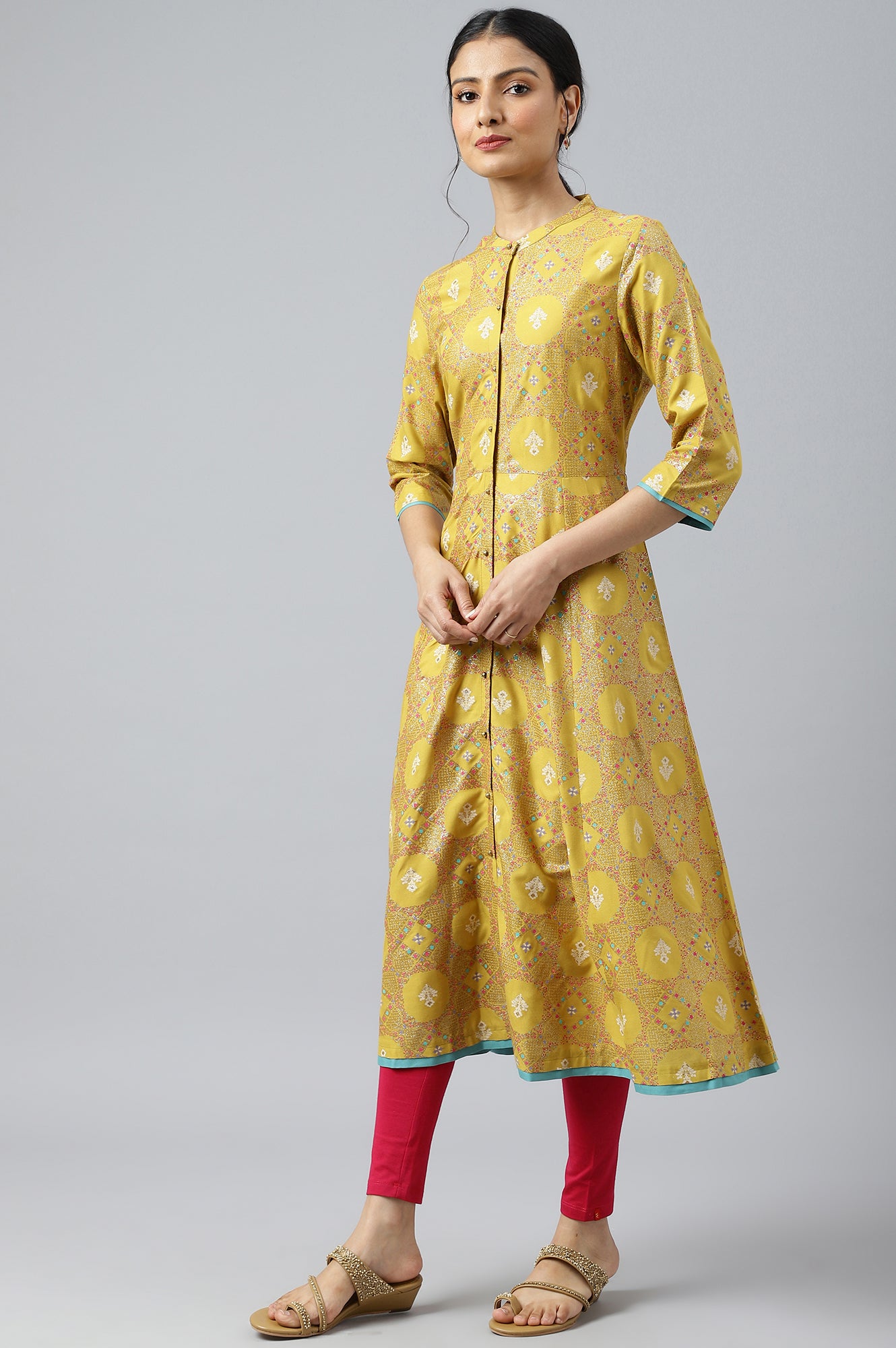 Yellow Button Down A-line Kurta  - wforwoman