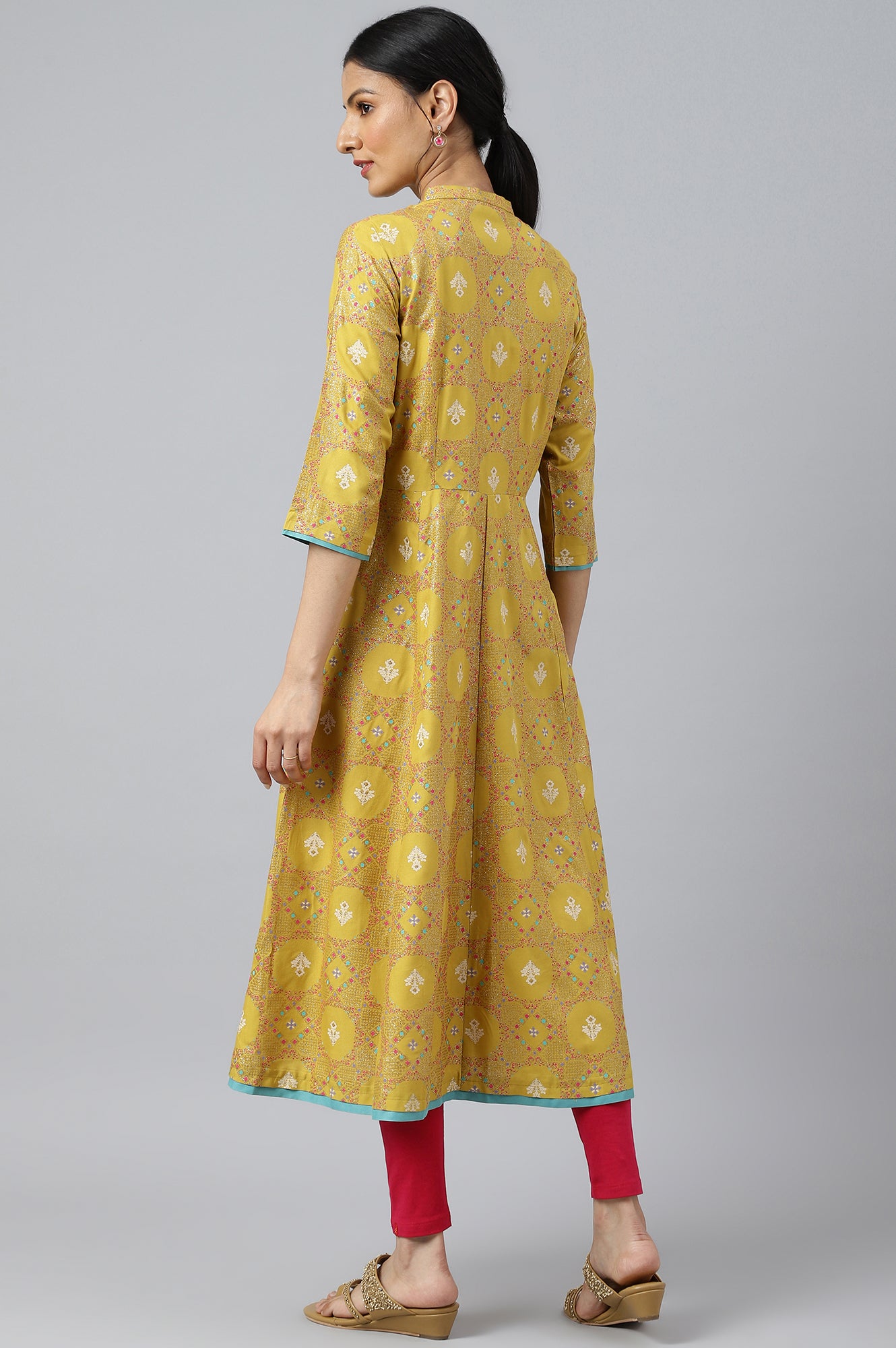 Yellow Button Down A-line Kurta  - wforwoman