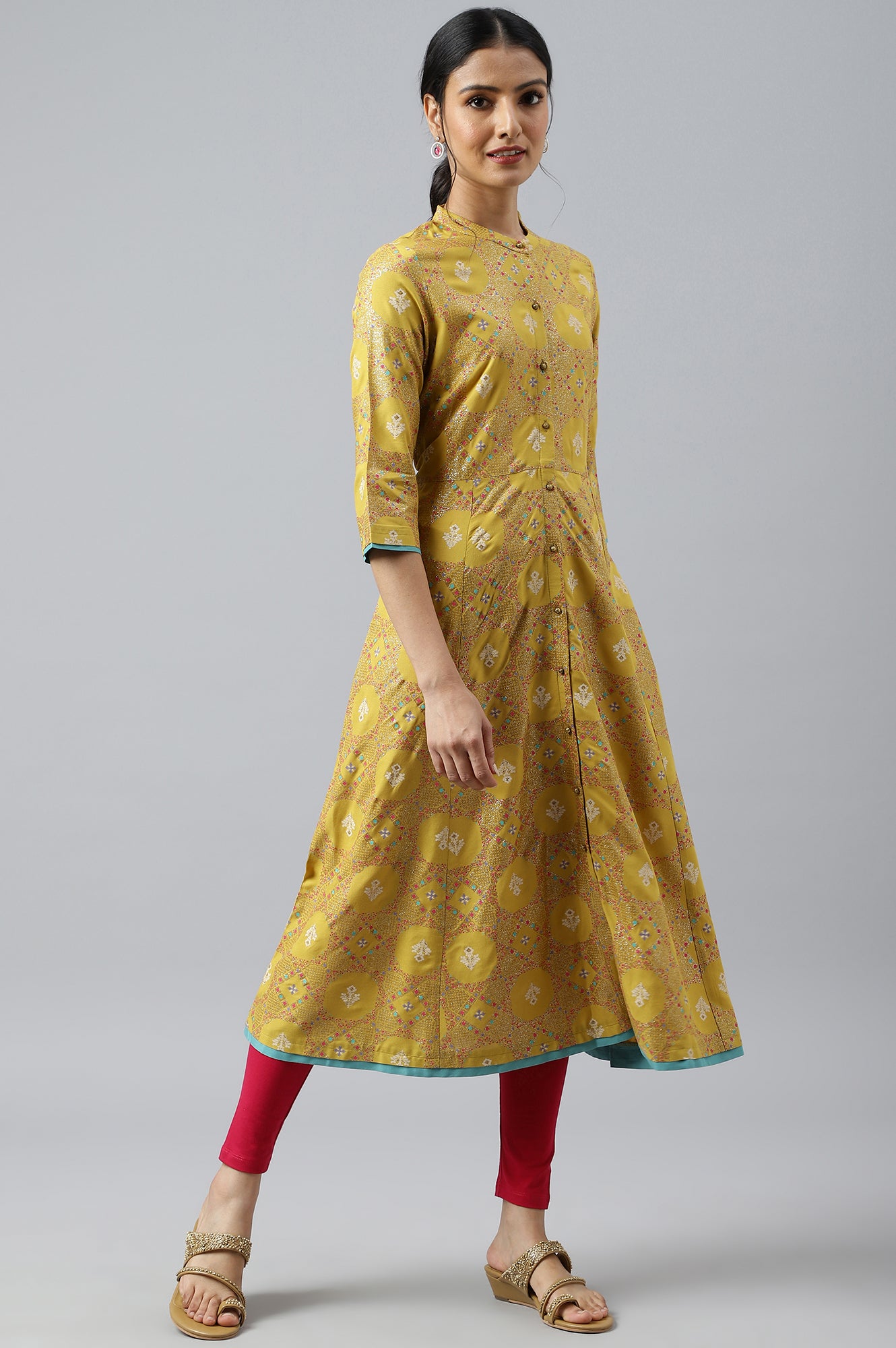 Yellow Button Down A-line Kurta  - wforwoman