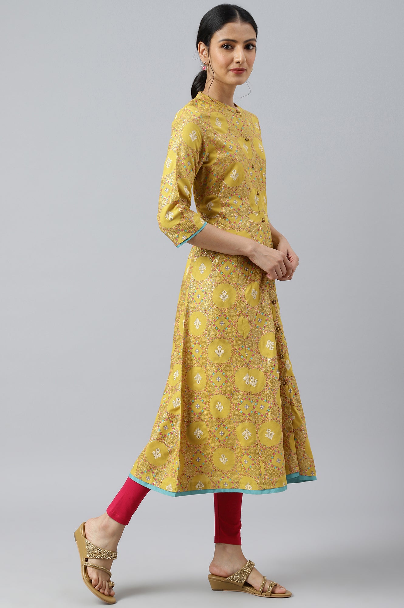 Yellow Button Down A-line Kurta  - wforwoman