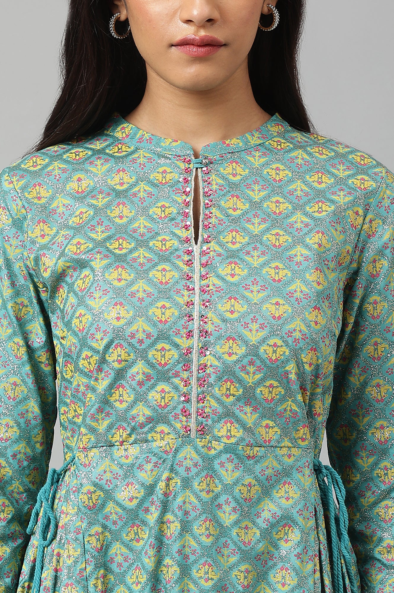 Blue Gathered kurta With Bead Work