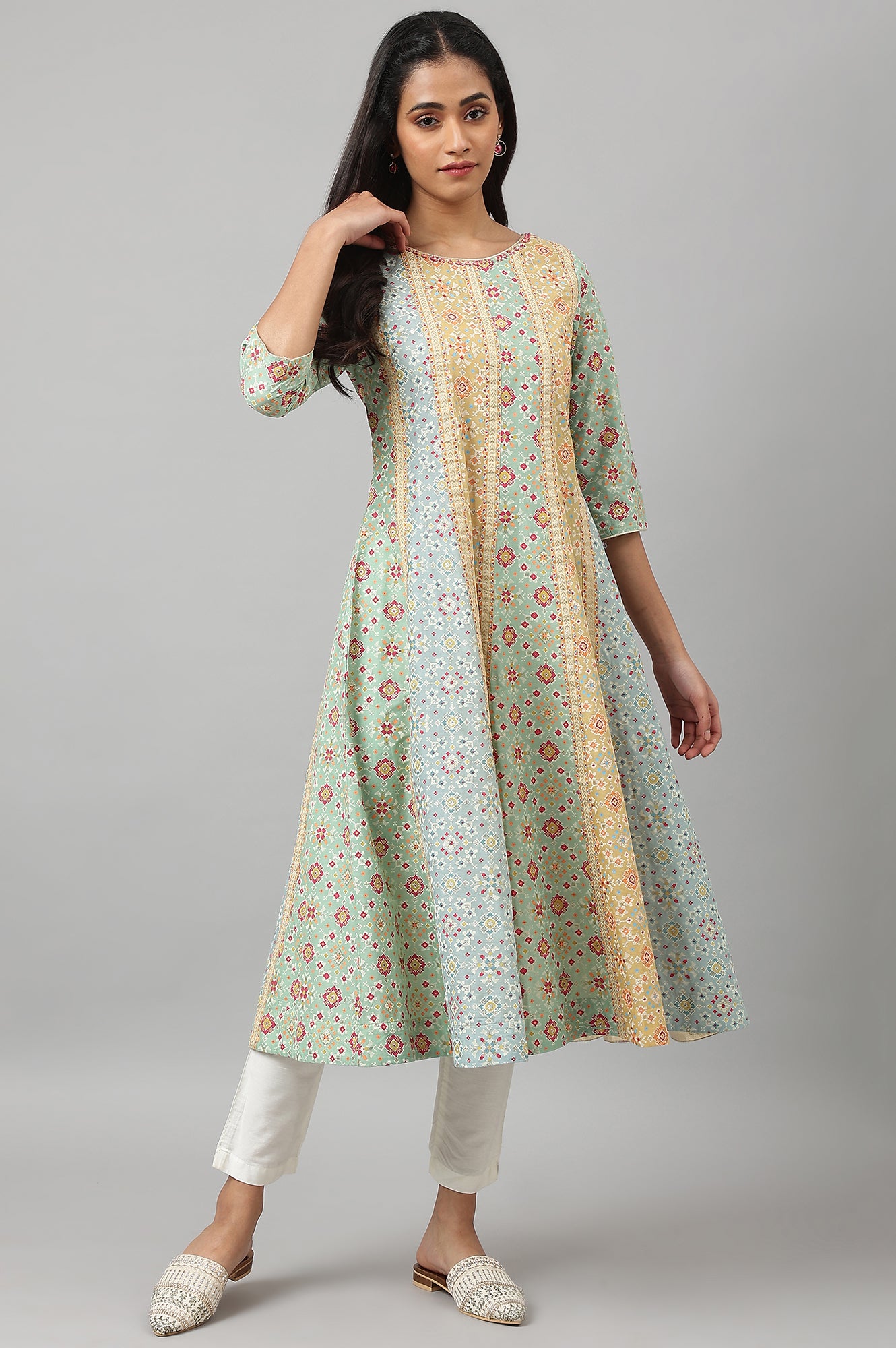 Light Green and Yellow Panelled Kurta with Bead work - wforwoman