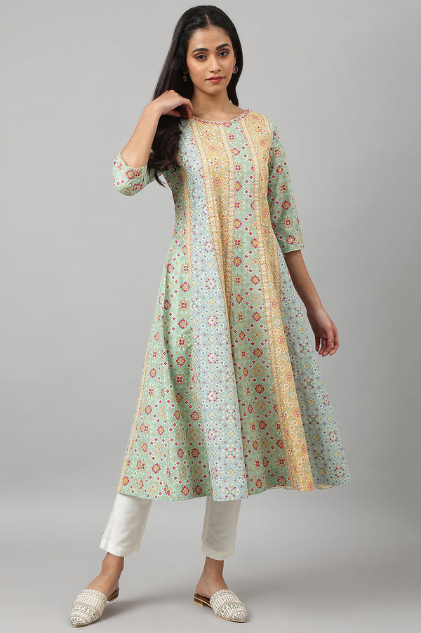 Light Green and Yellow Panelled Kurta with Bead work