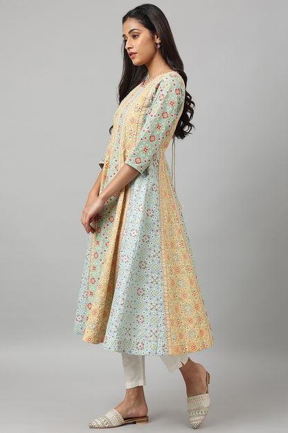 Light Green and Yellow Panelled Kurta with Bead work - wforwoman