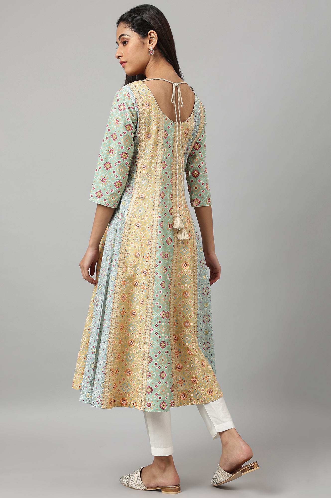 Light Green and Yellow Panelled Kurta with Bead work - wforwoman