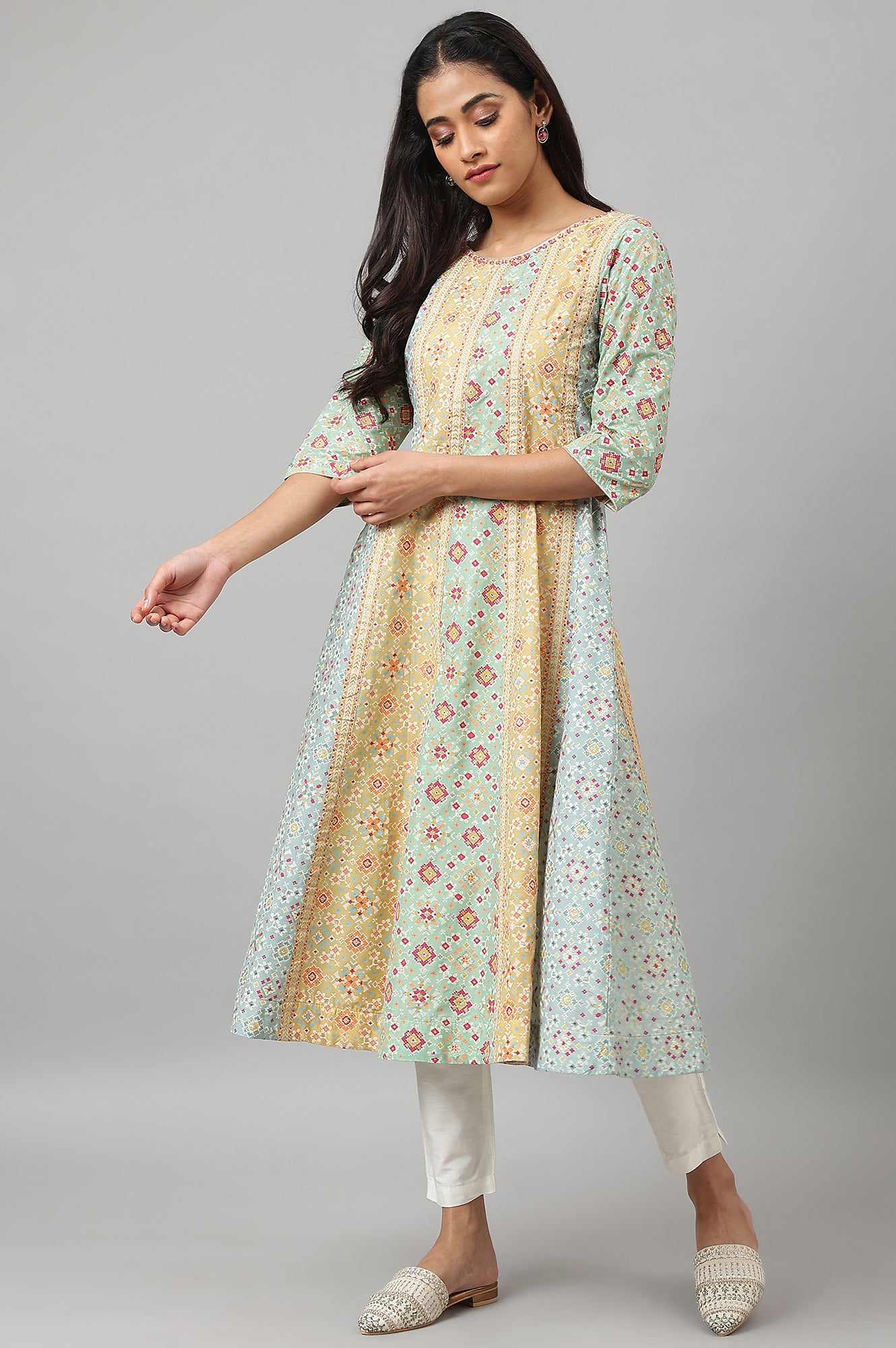 Light Green and Yellow Panelled Kurta with Bead work - wforwoman