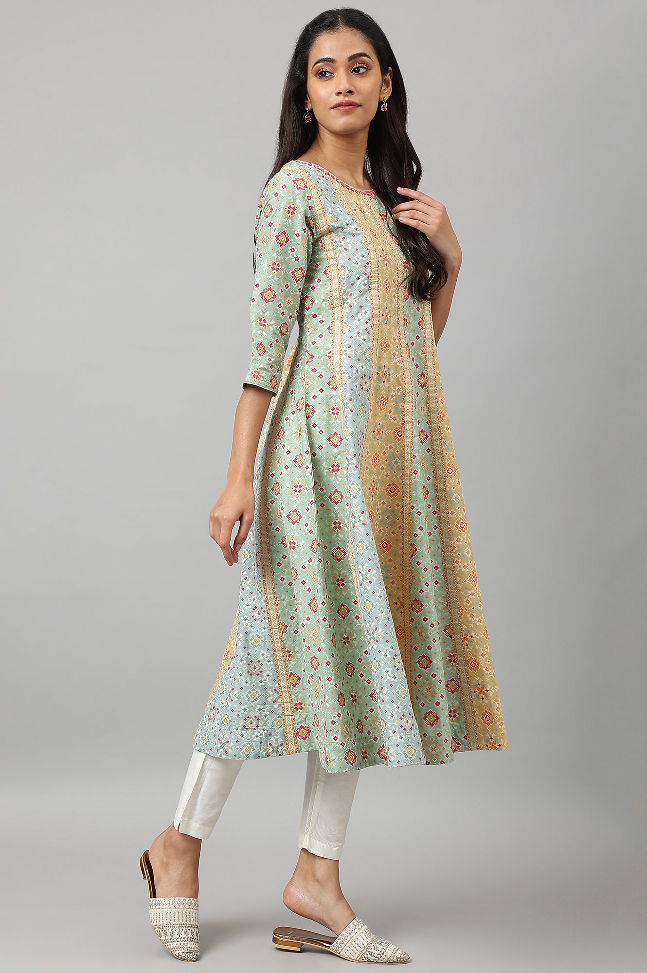 Light Green and Yellow Panelled Kurta with Bead work - wforwoman