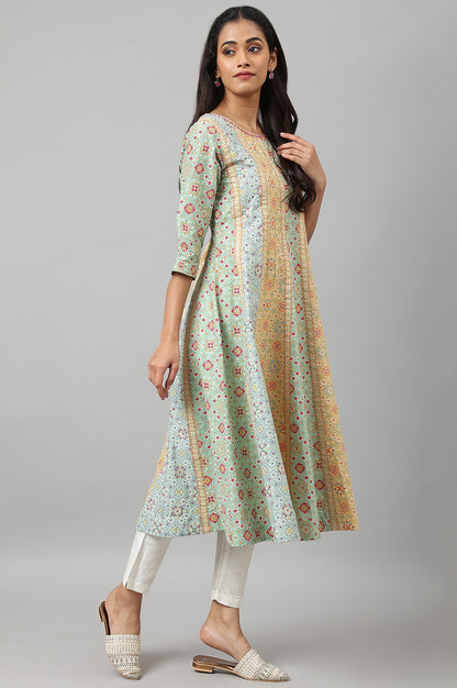 Light Green And Yellow Panelled Kurta With Bead Work