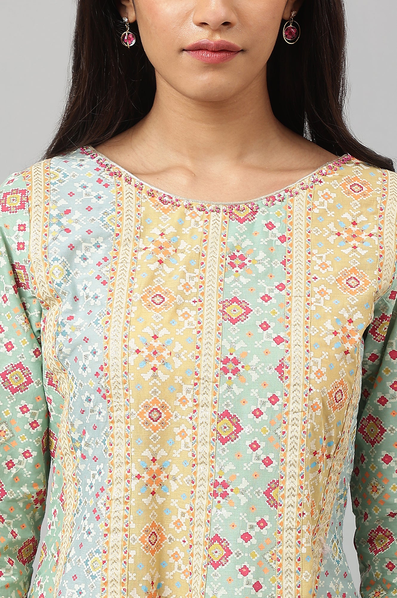 Light Green and Yellow Panelled Kurta with Bead work - wforwoman