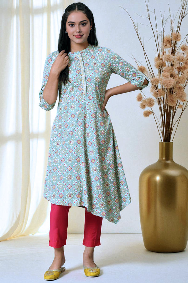 Mint Green Print kurta With Asymmetric Hemline