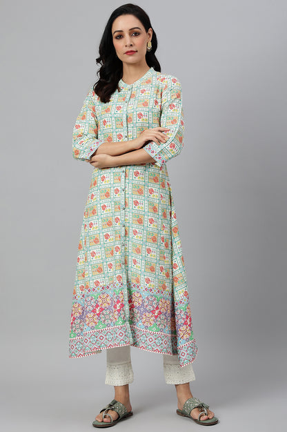 Ecru and Multicoloured Printed Flared Kurta - wforwoman