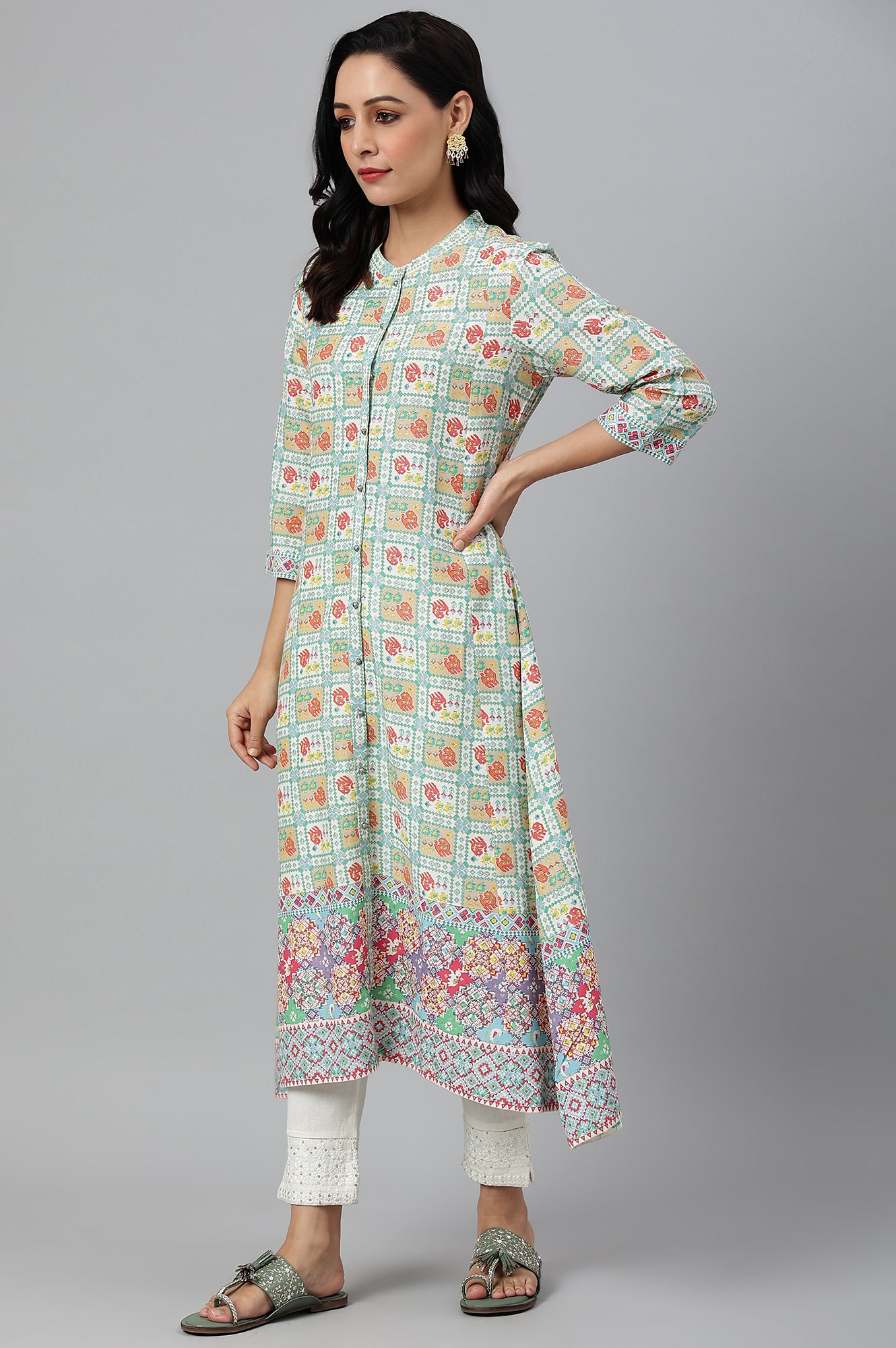 Ecru and Multicoloured Printed Flared Kurta - wforwoman