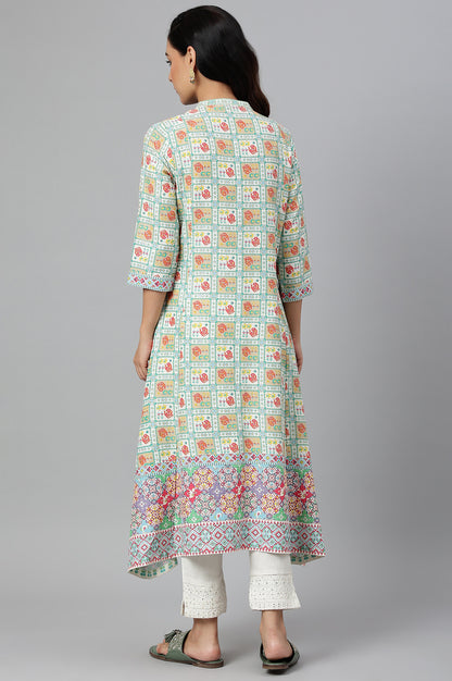 Ecru and Multicoloured Printed Flared Kurta - wforwoman