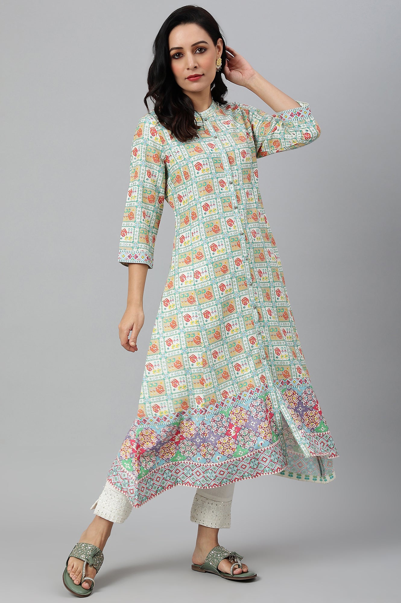 Ecru and Multicoloured Printed Flared Kurta - wforwoman