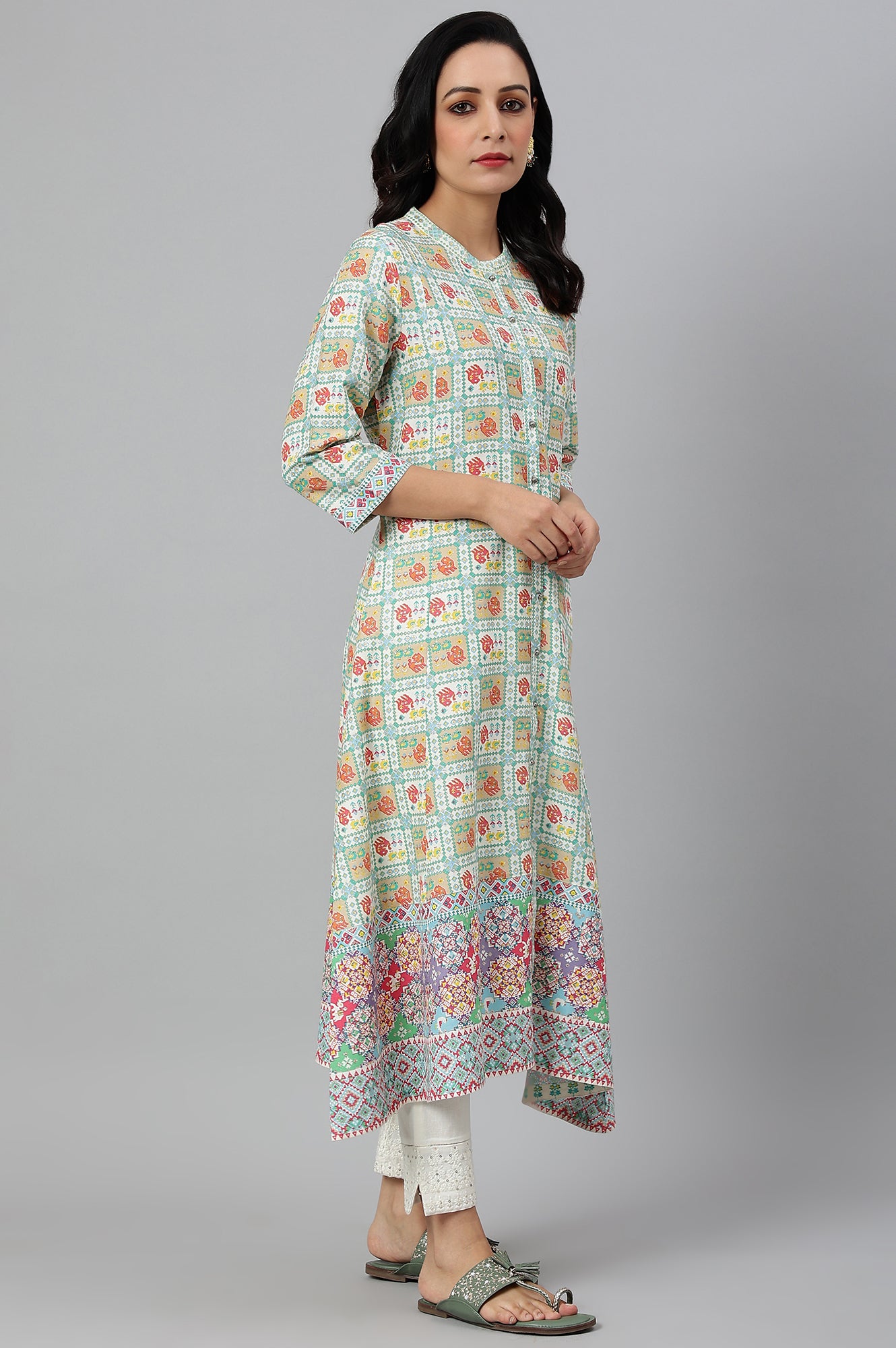 Ecru and Multicoloured Printed Flared Kurta - wforwoman