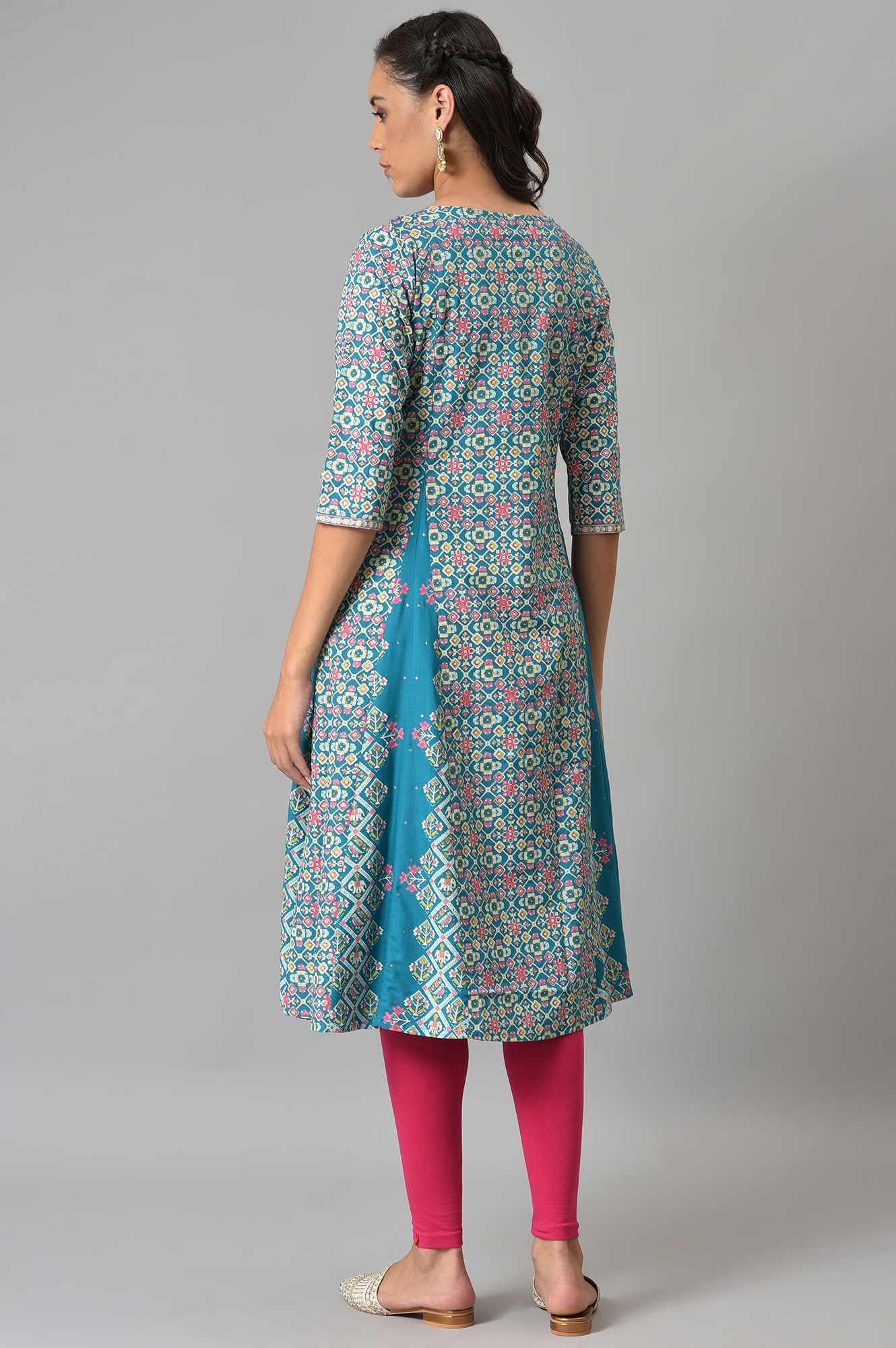 Blue Glitter Printed A-Line kurta