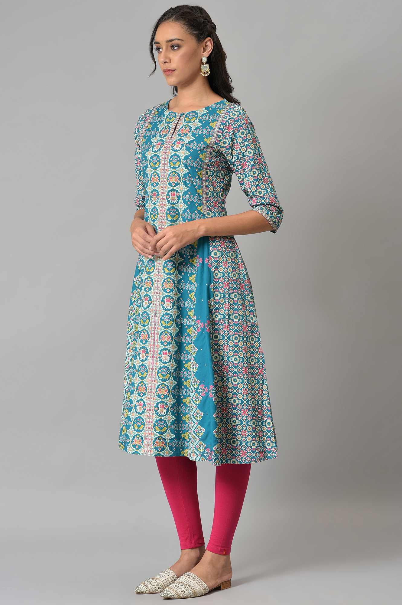 Blue Glitter Printed A-Line kurta