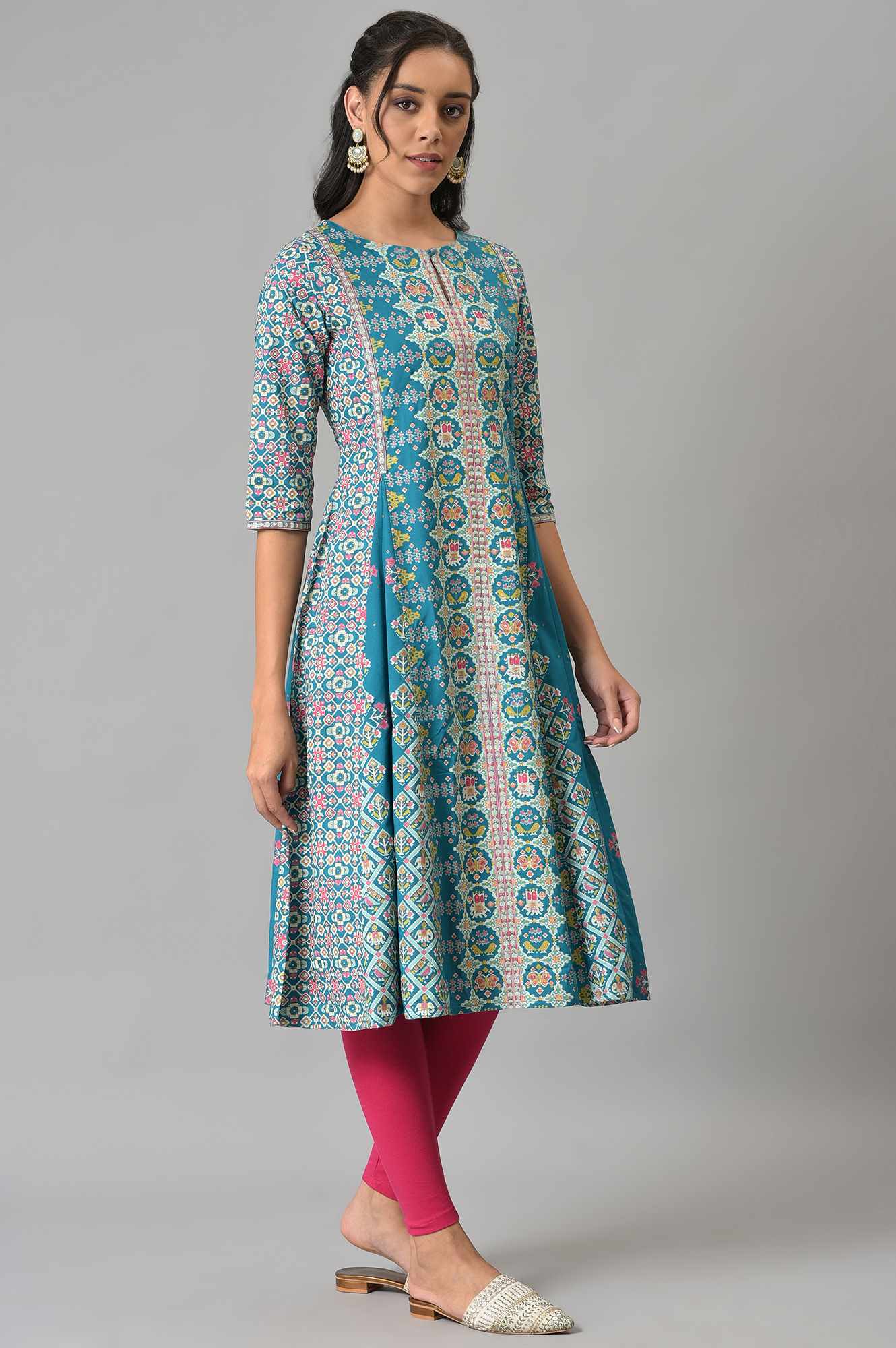 Blue Glitter Printed A-Line kurta