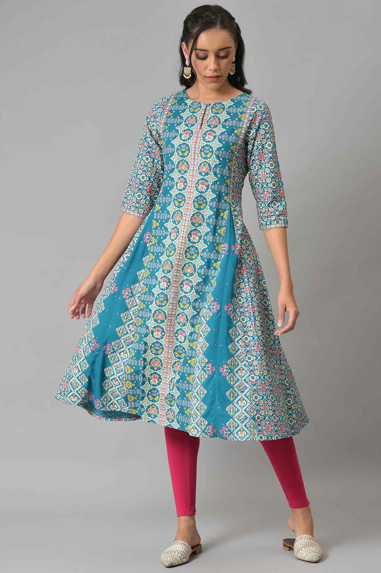 Blue Glitter Printed A-Line kurta