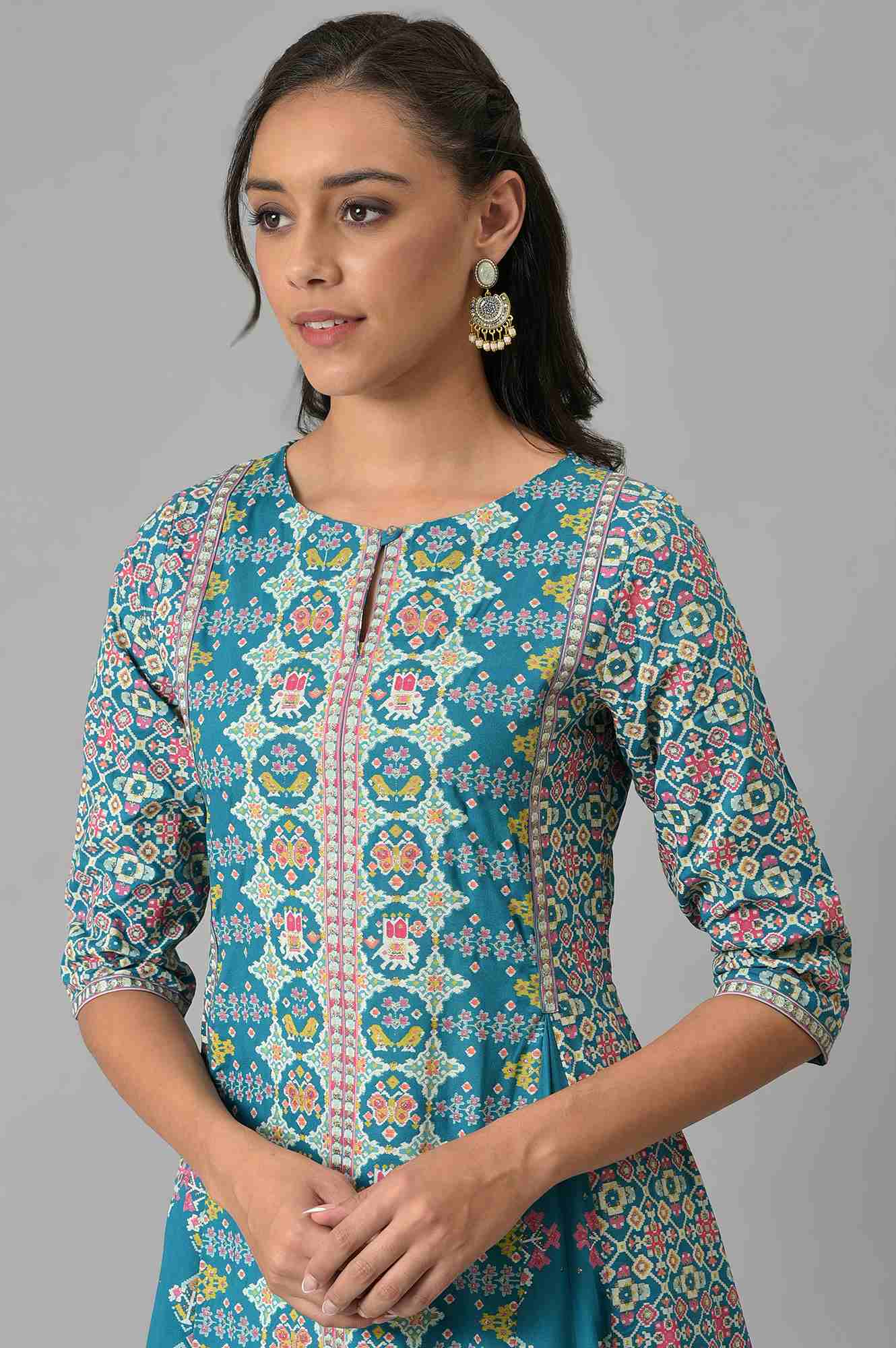 Blue Glitter Printed A-Line kurta