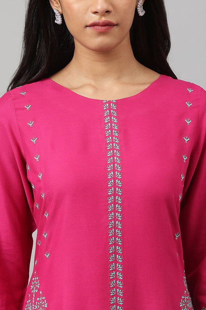 Dark Pink Embroidered A-Line kurta - wforwoman