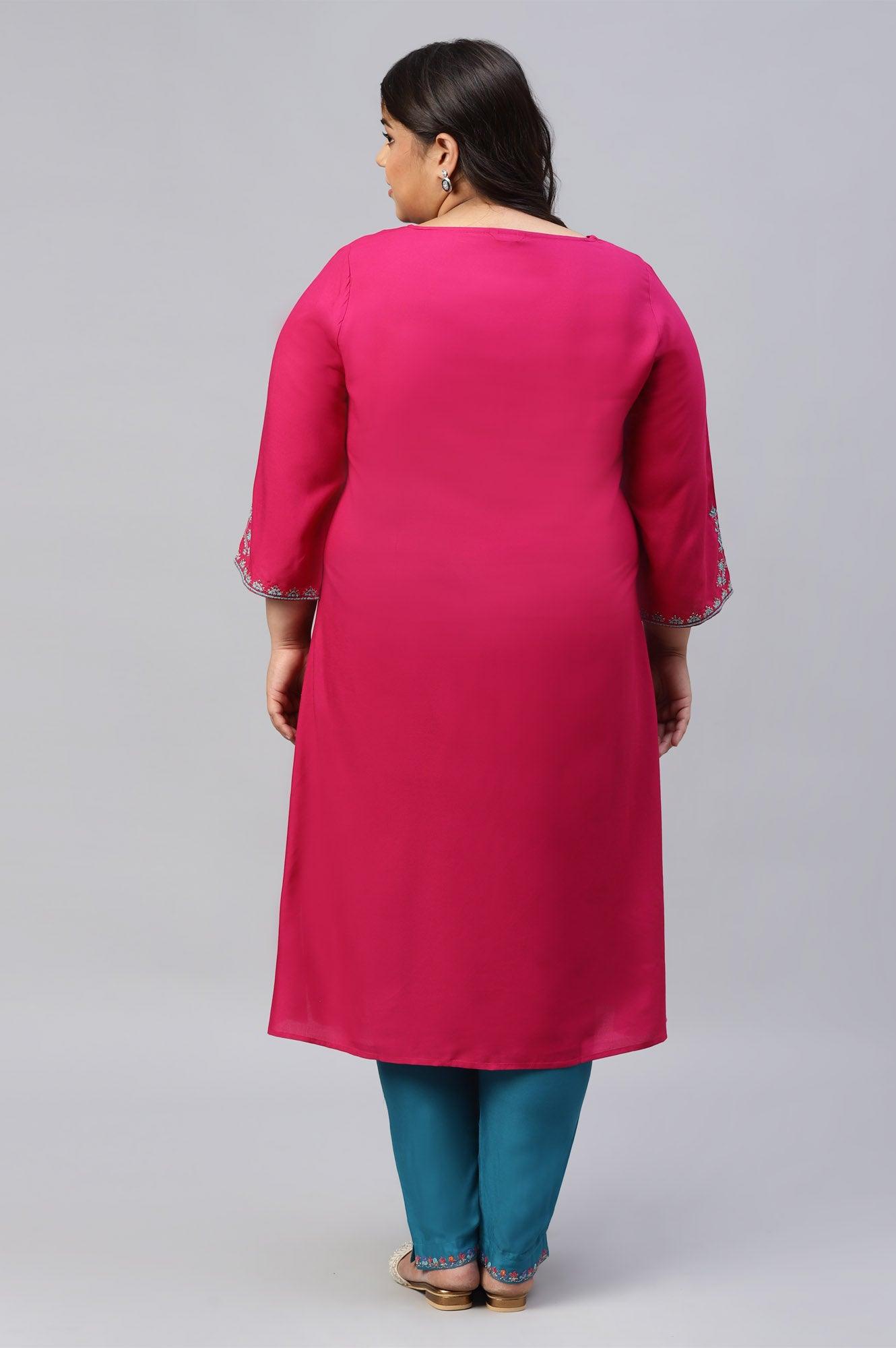 Plus Size Dark Pink Embroidered A-Line kurta - wforwoman