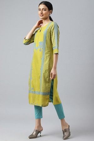 Green Placement Print Embellished kurta With Blue Cotton Slim Pants