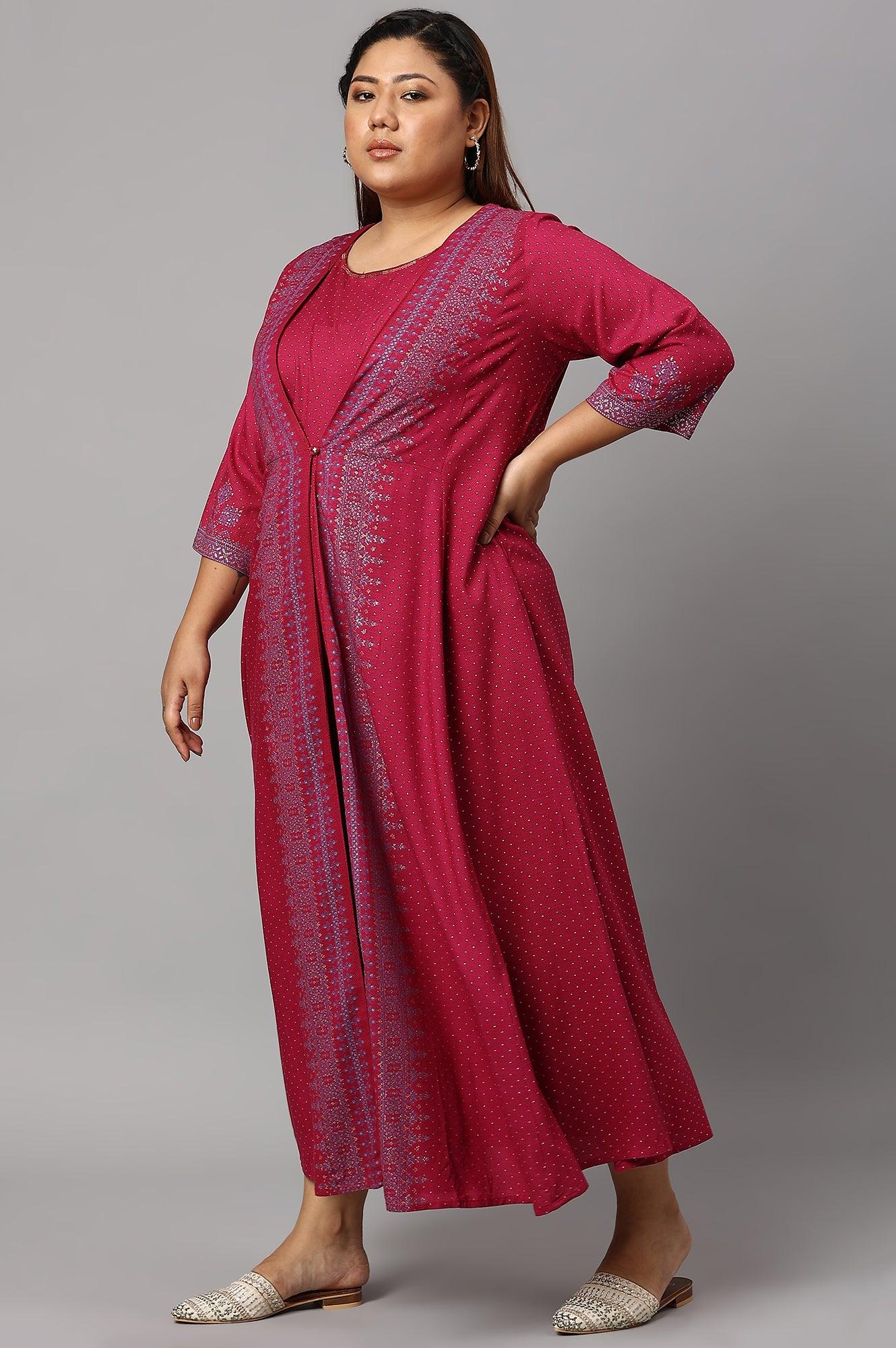 Plus Size Dark Pink Mock Layer Embellished Liva Eco Kimono Jumpsuit - wforwoman