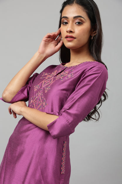 Purple Embroidered Straight kurta