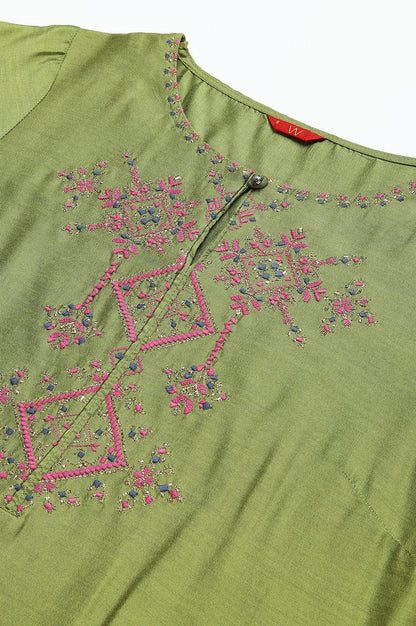 Olive Embroidered Straight kurta - wforwoman