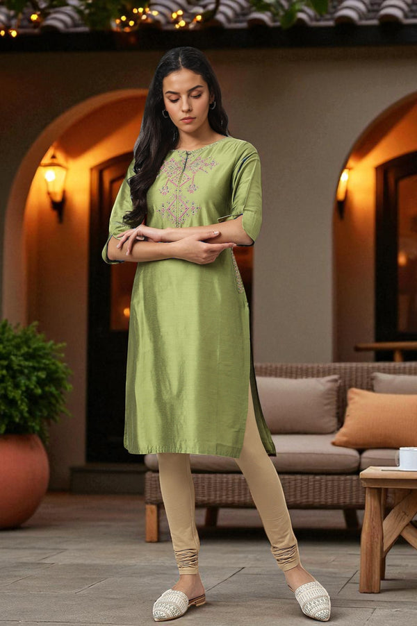 Olive Embroidered Straight kurta