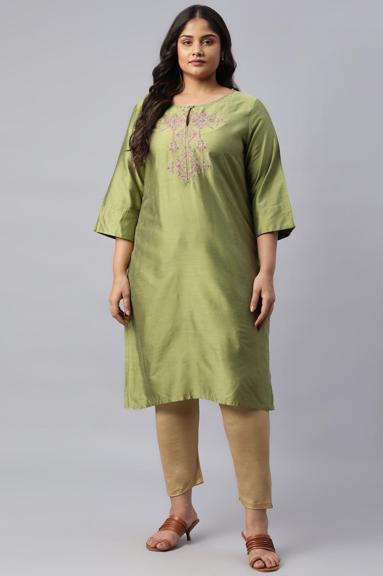 Plus Size Olive Embroidered Straight kurta - wforwoman
